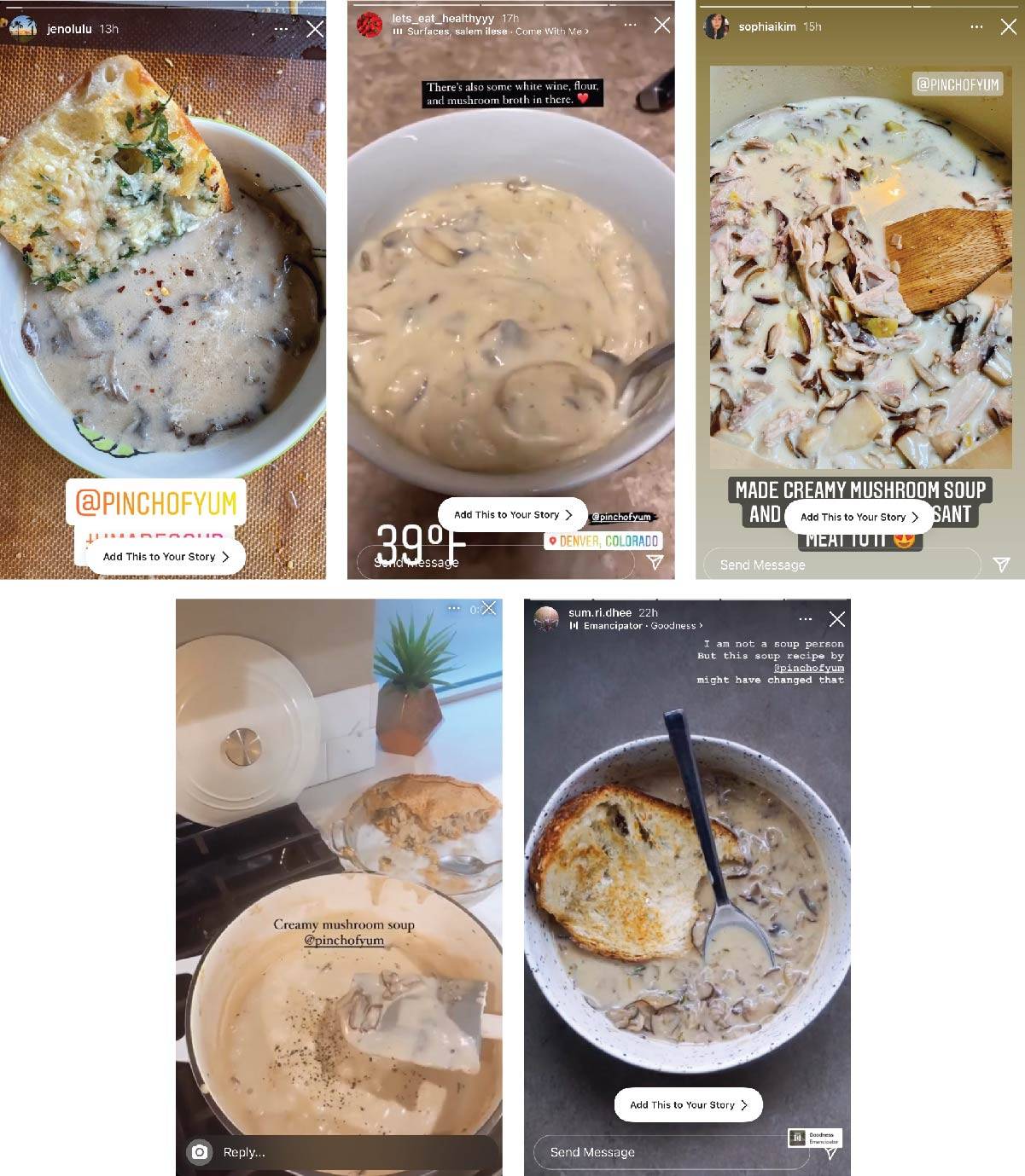 Instagram screenshots of POY readers making the Creamy Mushroom Soup recipe.