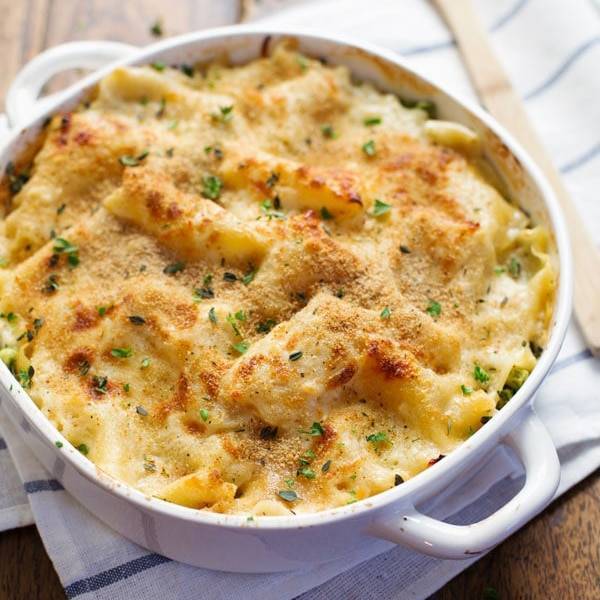 Chicken lasagna bake in a casserole dish.